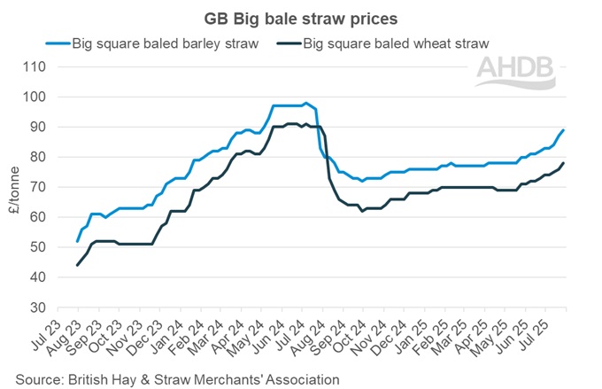 Graph showing GB big bale straw weekly prices 27 July 2025.
